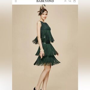 Babeyond Emerald Green Flapper Dress‎ Tiered Tassel Vintage Gatsby Sequin Large